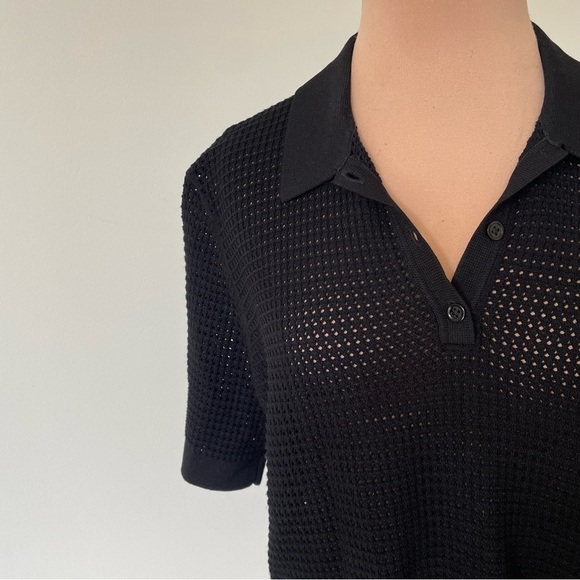 Theory Aronalee Prosecco Black Short-Sleeve Mesh Knit Button Polo Shirt EUC Sz S - Picture 5 of 9